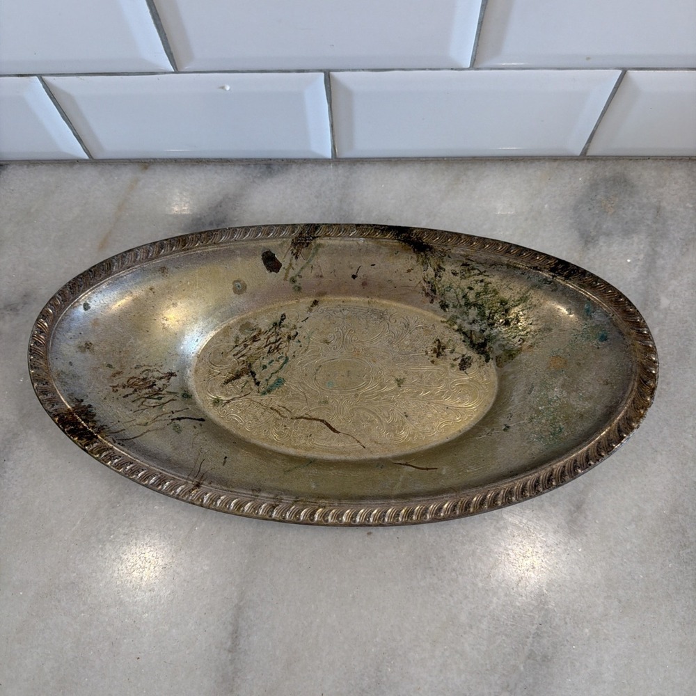 Vintage Silver Plated Oval Serving Dish Shabby Chic Patina GWB001